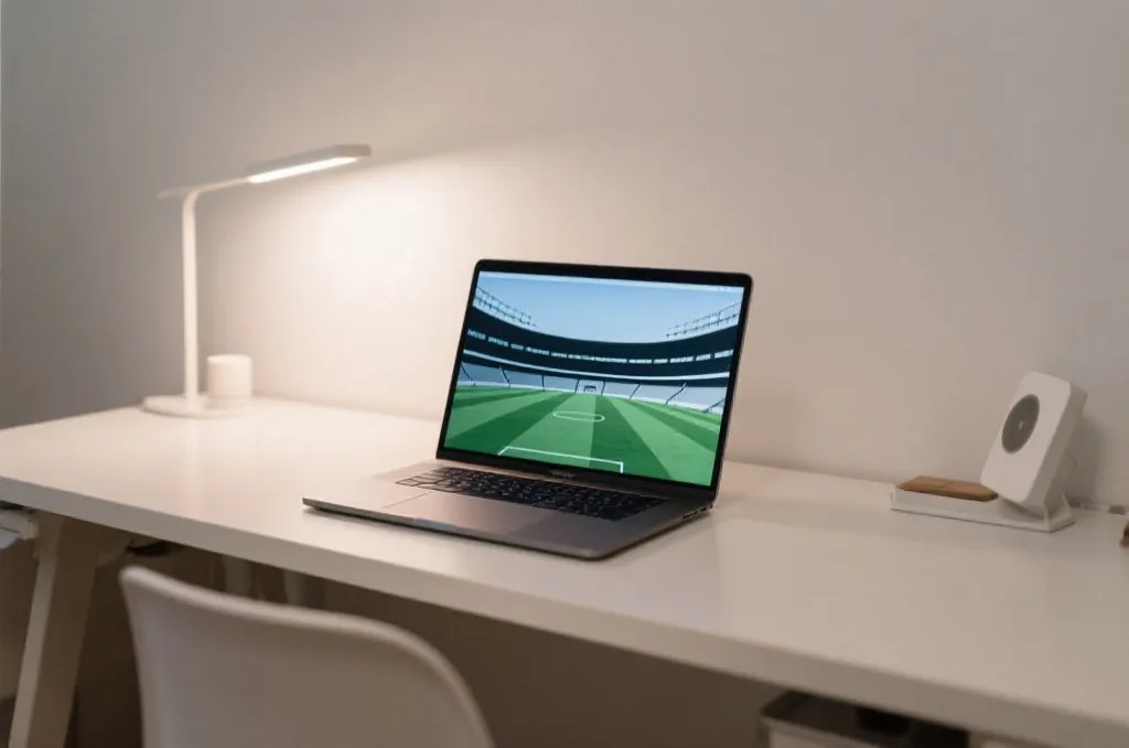 A clean minimalist desk setup with a laptop displaying a generic soccer stadium graphic on screen, soft workspace lighting, professional photography